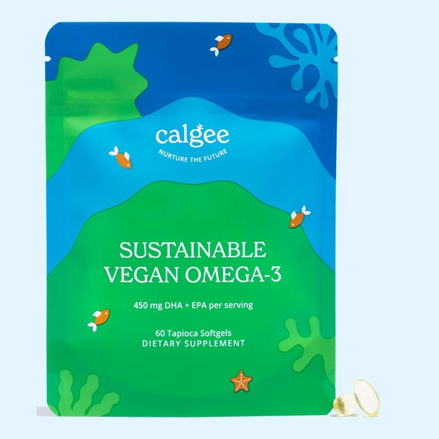 Calgee Sustainable Vegan Omega-3 pouch, labelled 450mg DHA plus EPA per serving, 60 tapioca softgels, with two softgels beside it.