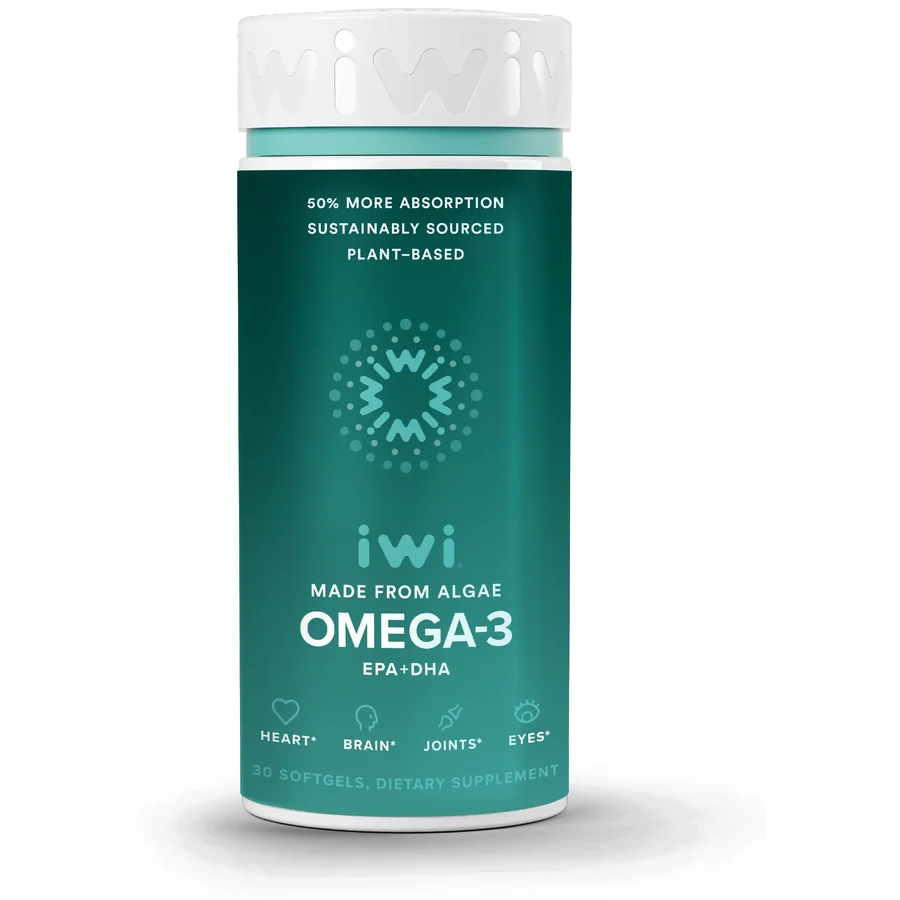 iwi Omega-3 bottle made from algae, labelled 30 softgels and 50% more absorption.