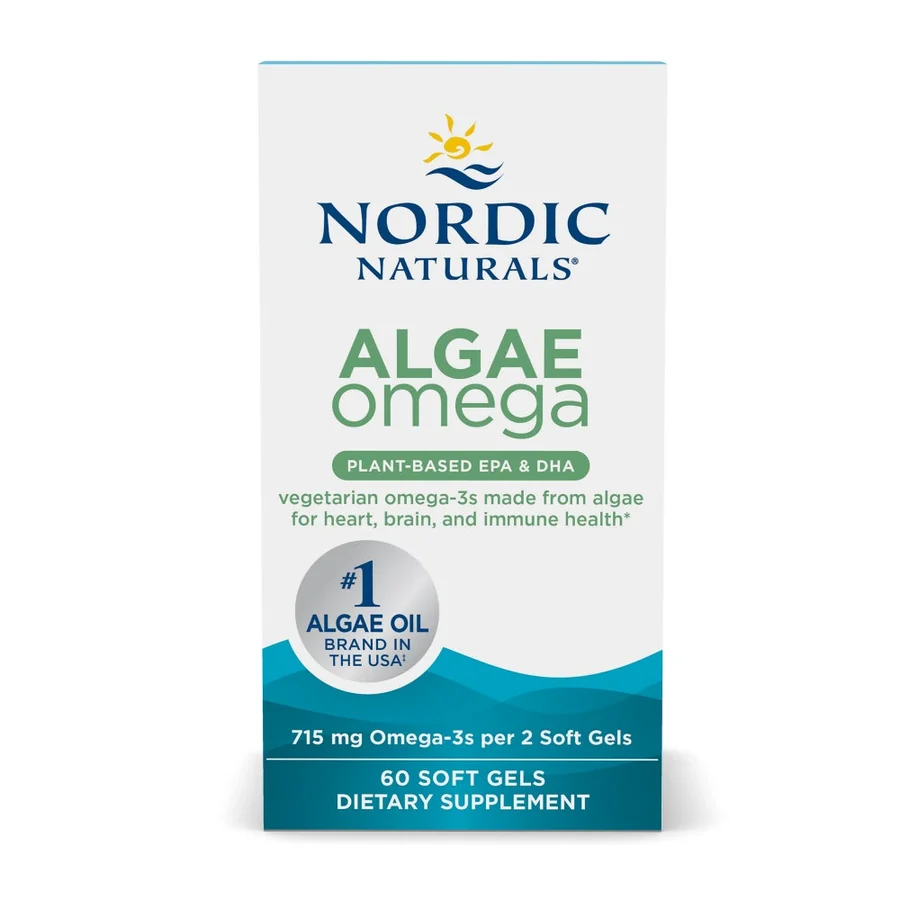 Nordic Naturals Algae Omega box, plant-based EPA and DHA, labelled 715mg omega-3s per two soft gels.