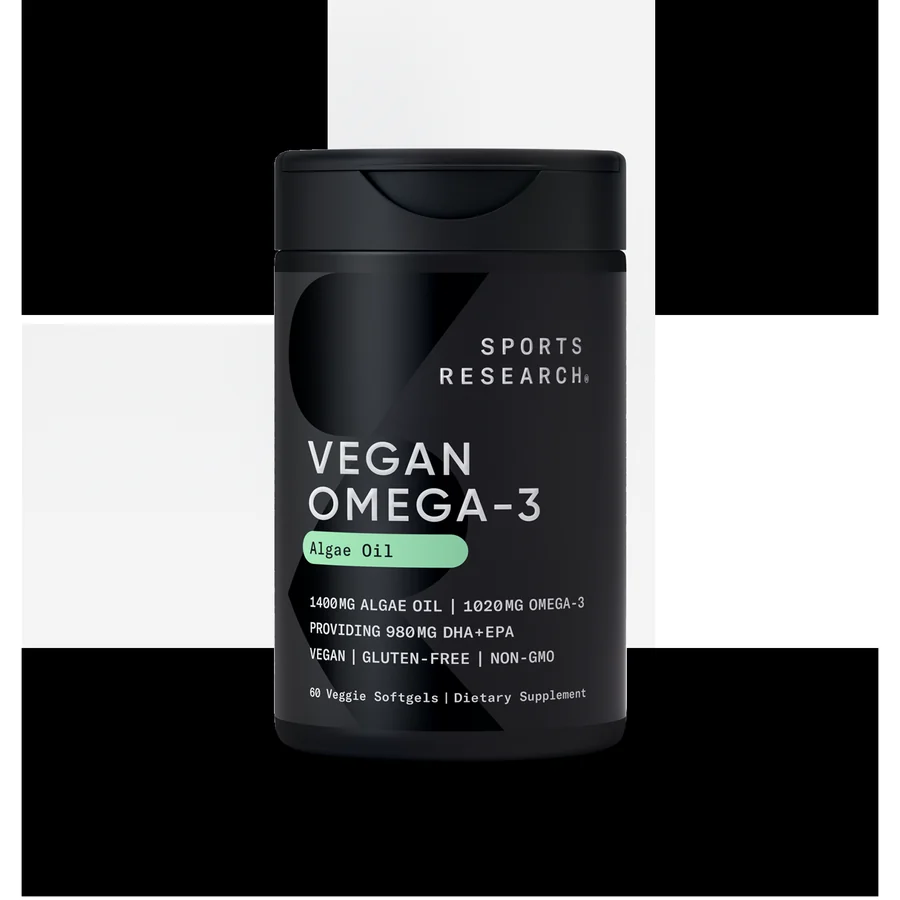 Sports Research Vegan Omega-3 from algae oil, a black bottle whose label reads 1400mg algae oil, 1020mg omega-3, providing 980mg DHA plus EPA, 60 veggie softgels.