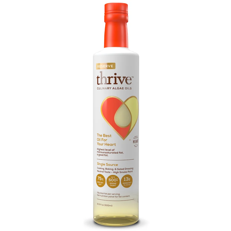 Thrive Reserve Pure Algae Oil, a 16.9 fluid ounce bottle of single-origin algae cooking oil.